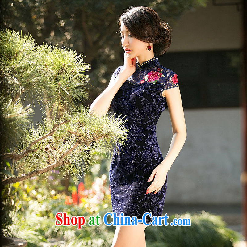 The cross-sectoral remembered her new lace stitching wool improved cheongsam Chinese wind cheongsam dress everyday dresses dresses ZA 070 dark blue L, cross-sectoral, Elizabeth, and shopping on the Internet