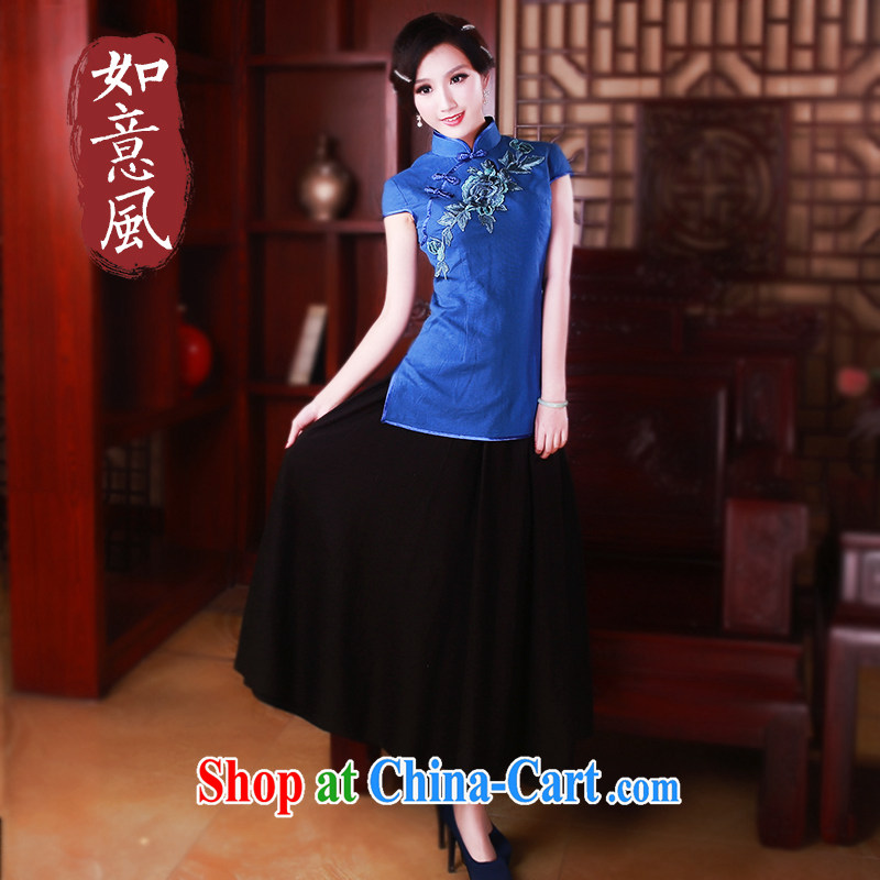 ruyi, 2015 New Tang women Summer winds of cotton the classical short-sleeved, short T-shirt 5028 blue XL sporting, wind, shopping on the Internet