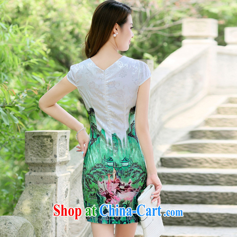 The Shannon Gore, 2015 female new Ethnic Wind Chinese half sleeve Chinese stamp ink retro beauty style graphics thin package and cheongsam dress green XXL, the Shannon Gore (XGN), online shopping