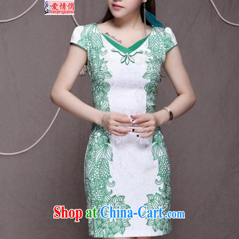 Love, 2015 high-end Ethnic Wind and stylish Chinese qipao dress retro beauty graphics thin cheongsam FF 9912 green XL, love for AI QING QIAO), online shopping
