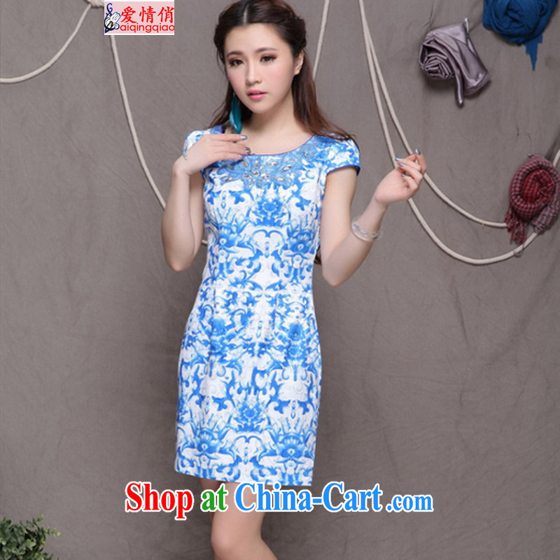 Love, 2015 high-end Ethnic Wind and stylish Chinese qipao dress retro beauty graphics thin cheongsam FF 9901 blue blue S, love for AI QING QIAO), online shopping