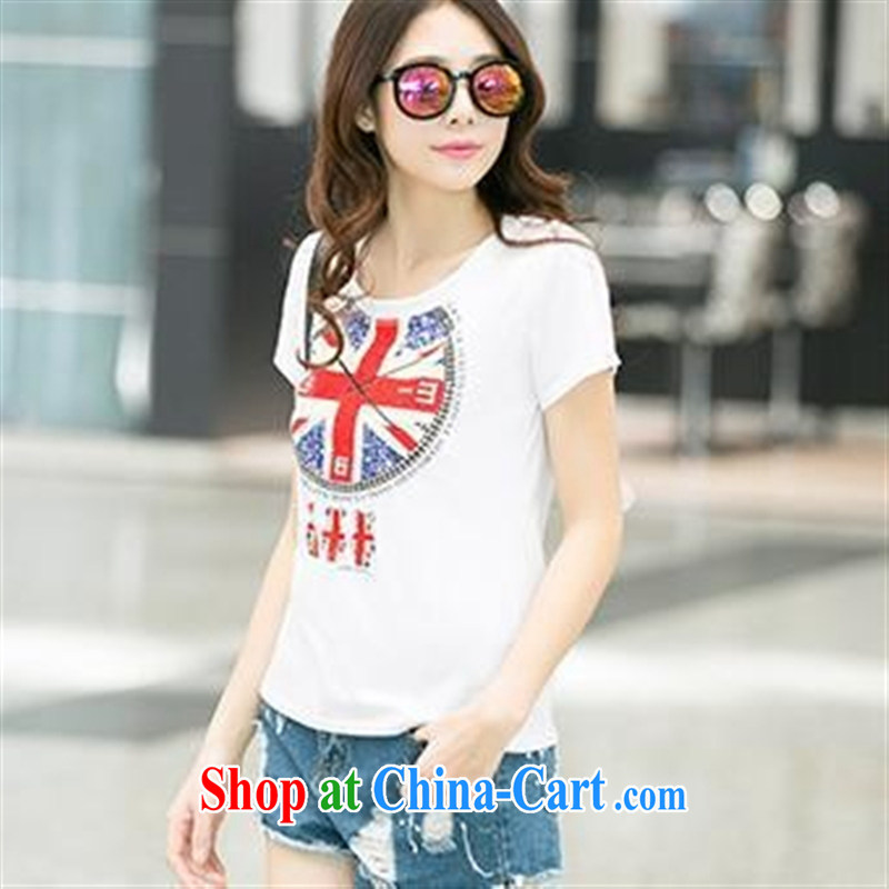 Ya-ting store 2015 Korean version of the new, female summer fashion beauty graphics thin hot drill stamp duty round-collar short-sleeve T-shirt black XL, blue rain bow, and shopping on the Internet