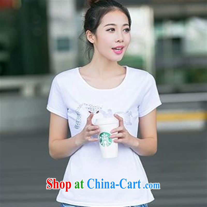 Ya-ting store 2015 new summer Korean female round-collar XL Black beauty wood drill Fox letter short-sleeved T-shirt white XL, blue rain bow, and shopping on the Internet