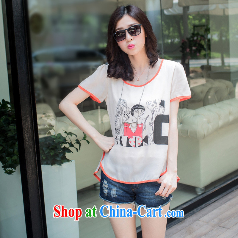 Ya-ting store 2015 summer new Korean Version Stamp snow woven into the color code bat sleeves short-sleeve female T shirts and white-colored XXL, blue rain bow, and shopping on the Internet
