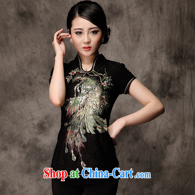213 red improved Chinese T-shirt summer marriage Chinese girls lace embroidery Chinese Tang fitted T-shirt red XXXL