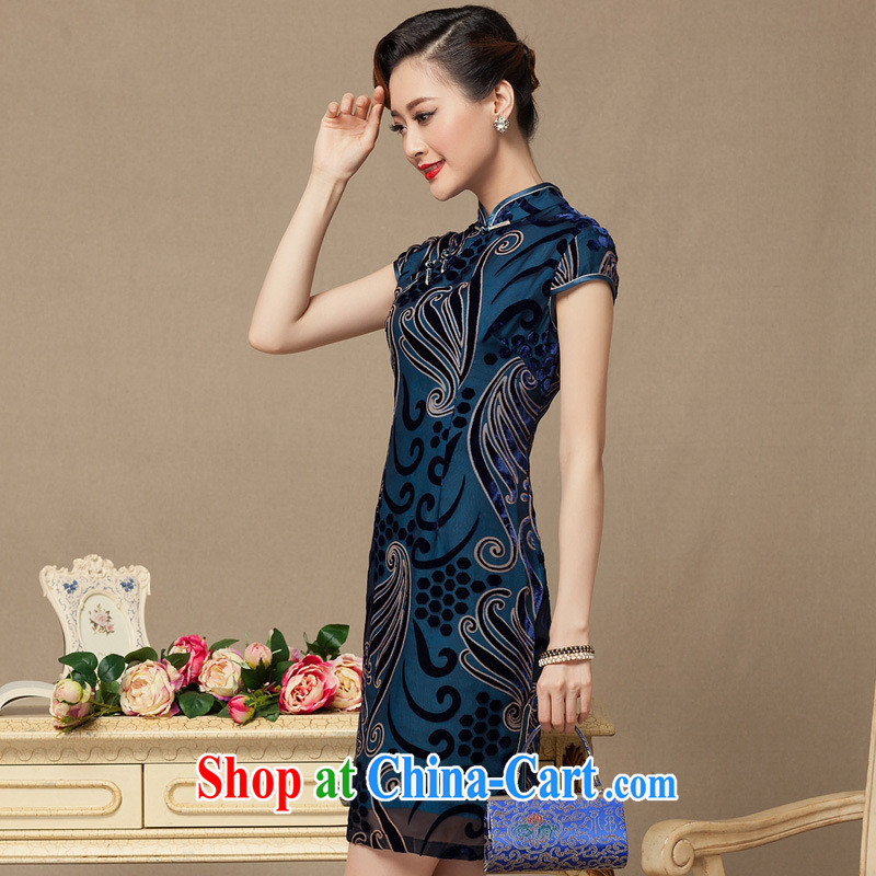 2014 summer and autumn new short, true velvet cheongsam dress retro republic of Ms. wind cheongsam dress blue S, health concerns (Rvie), shopping on the Internet