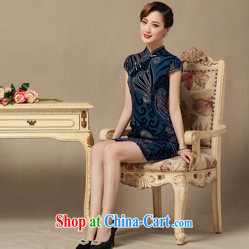 2014 summer and autumn new short, true velvet cheongsam dress retro republic of Ms. wind cheongsam dress blue S, health concerns (Rvie), shopping on the Internet