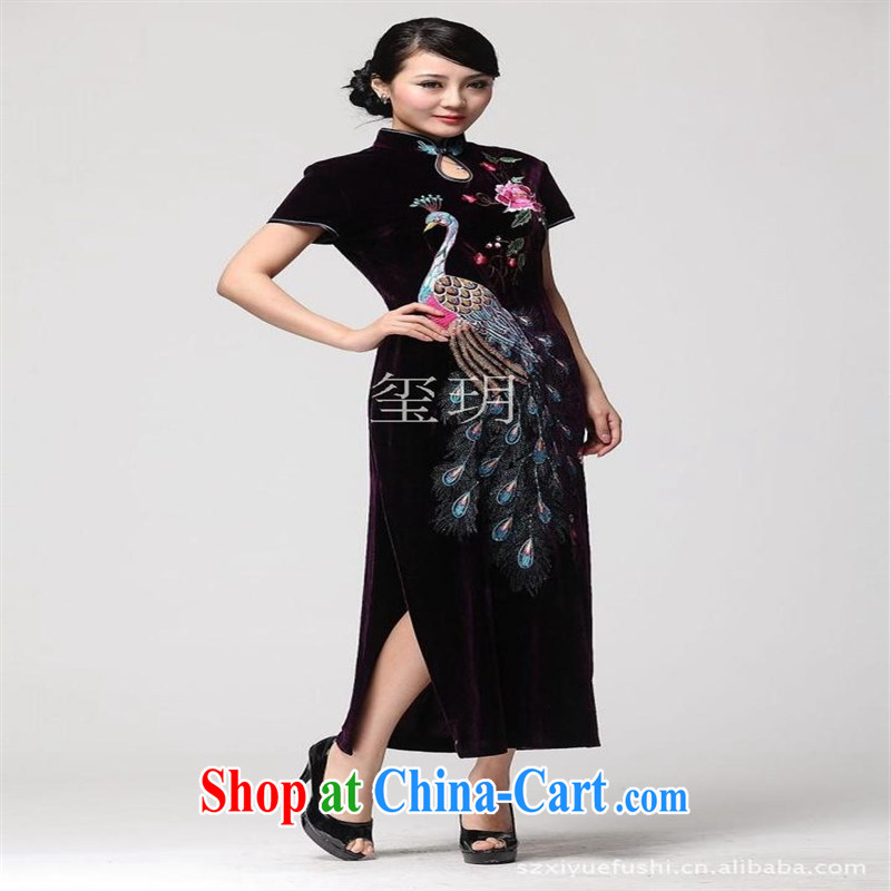 2014 spring and summer new improved really velvet cheongsam Peacock embroidery fashion, older dress dresses purple M, health concerns (Rvie .), and, on-line shopping