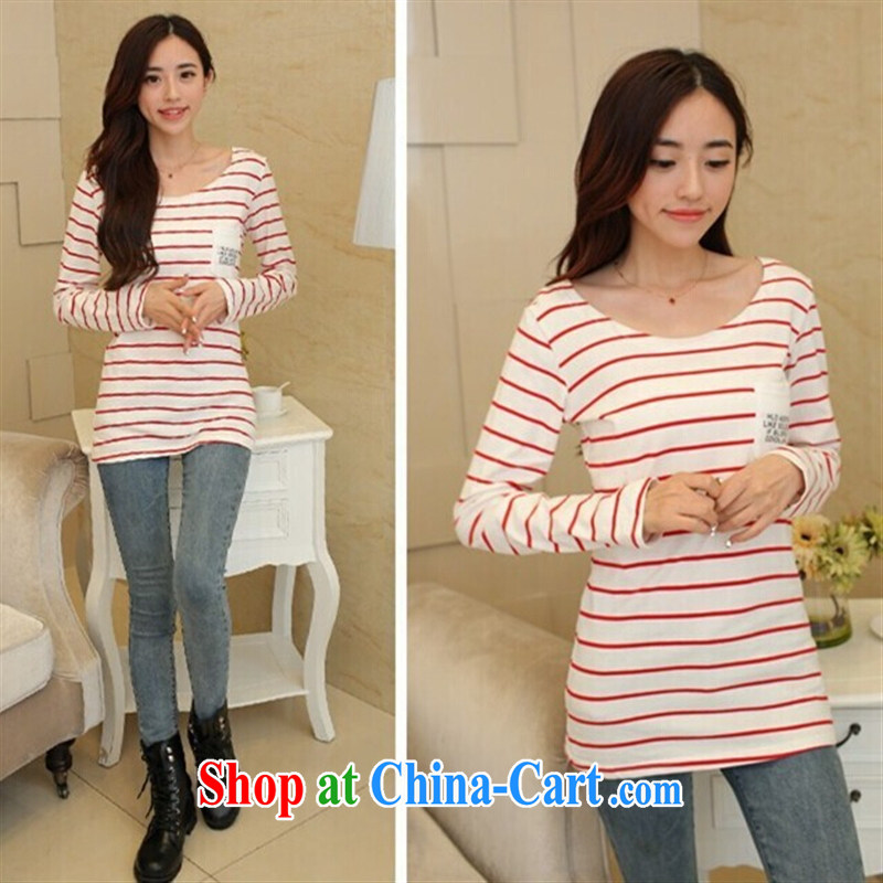 Qin Qing store 2015 spring new, larger female Korean fashion Beauty Stripe graphics thin solid shirt long-sleeved shirt T female black-and-white stripes, XL GENYARD, shopping on the Internet