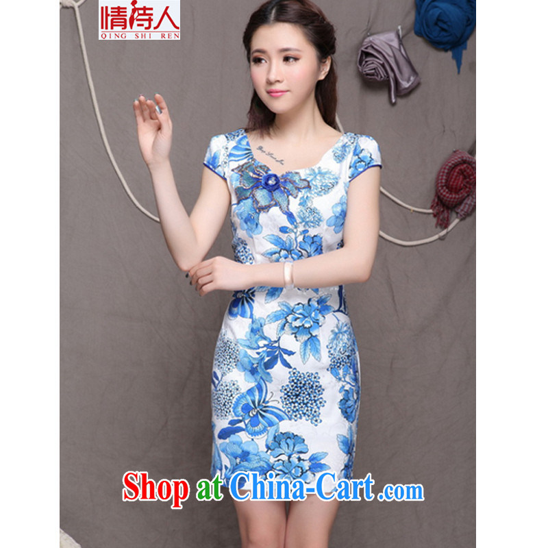 and poet 2015 embroidered cheongsam high-end ethnic wind and stylish Chinese qipao dress retro beauty dresses FF 990 blue blue M, poet (QING SHI REN), online shopping
