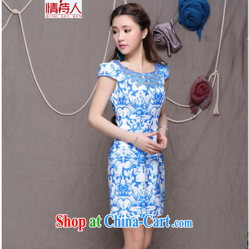 and poet 2015 high-end Ethnic Wind and stylish Chinese qipao dress retro beauty graphics thin cheongsam FF 9901 blue blue S, poet (QING SHI REN), online shopping