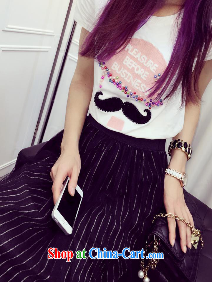 Ya-ting store the European site 2015 summer new female moustache letter nails Pearl short-sleeve stylish 100 ground T pension black are code pictures, price, brand platters! Elections are good character, the national distribution, so why buy now enjoy more preferential! Health