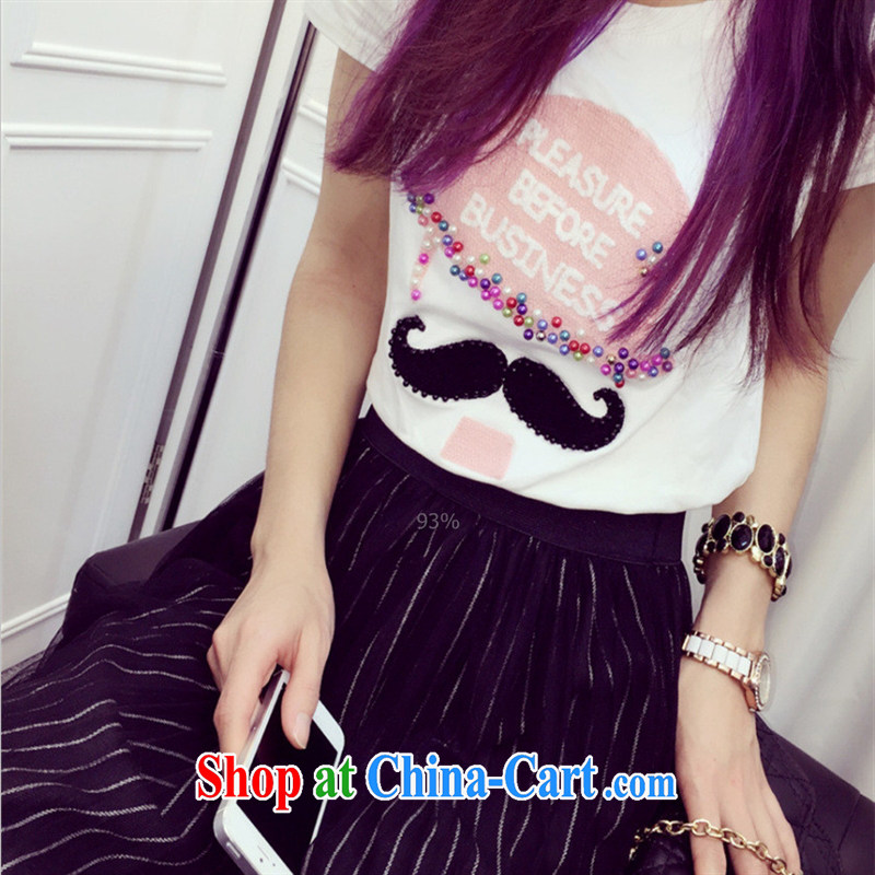 Ya-ting store the European site 2015 summer new female moustache letter nails Pearl short-sleeve stylish 100 ground T shirts are black, blue rain bow, and shopping on the Internet
