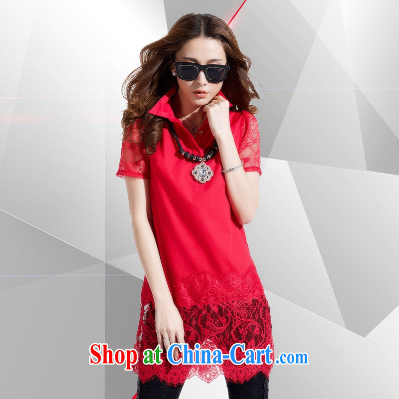 Ya-ting store 2015 summer new Korean fashion 100 in ground long lace stitching over short-sleeved shirt solid T-shirt female Red XL, blue rain bow, and shopping on the Internet