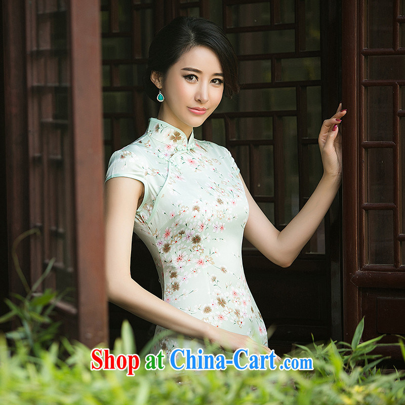 The Yee-sa-light 2015 fashion beauty Silk Cheongsam dress summer retro stamp improved cheongsam ZA 048 light green M - smooth silk