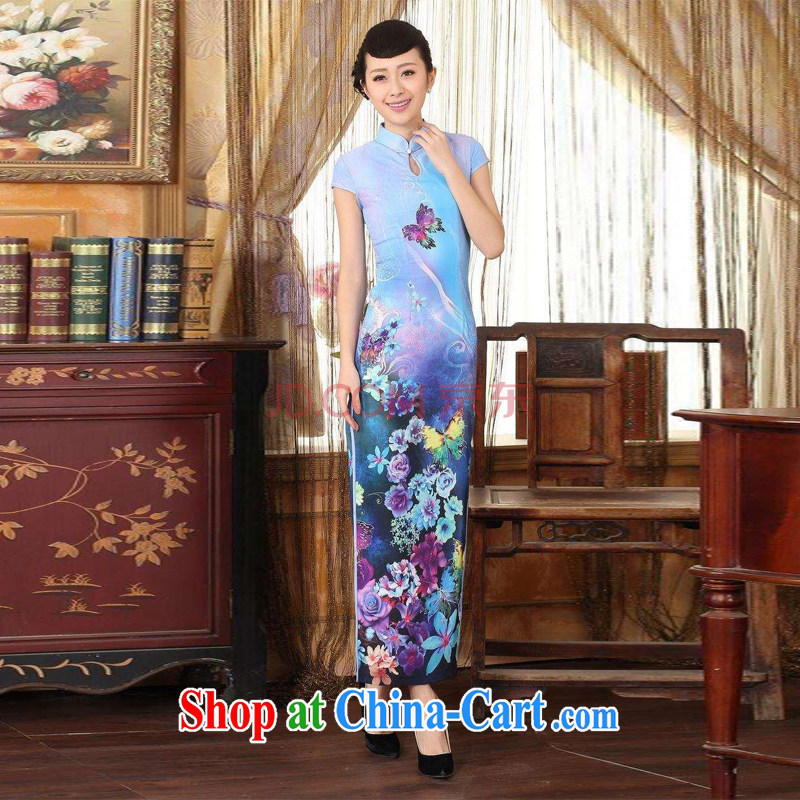 Yet, Ms. Floor Chinese qipao Diane Fong water droplets collar short-sleeve cultivating long double-decker cheongsam light blue 2 XL