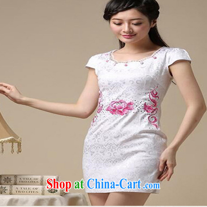 Colors of autumn, and spring and summer dresses short stylish improved daily cheongsam dress antique Chinese graphics thin and elegant and noble dress Blue on white flower XXL, Autumn colors, the US, on-line shopping