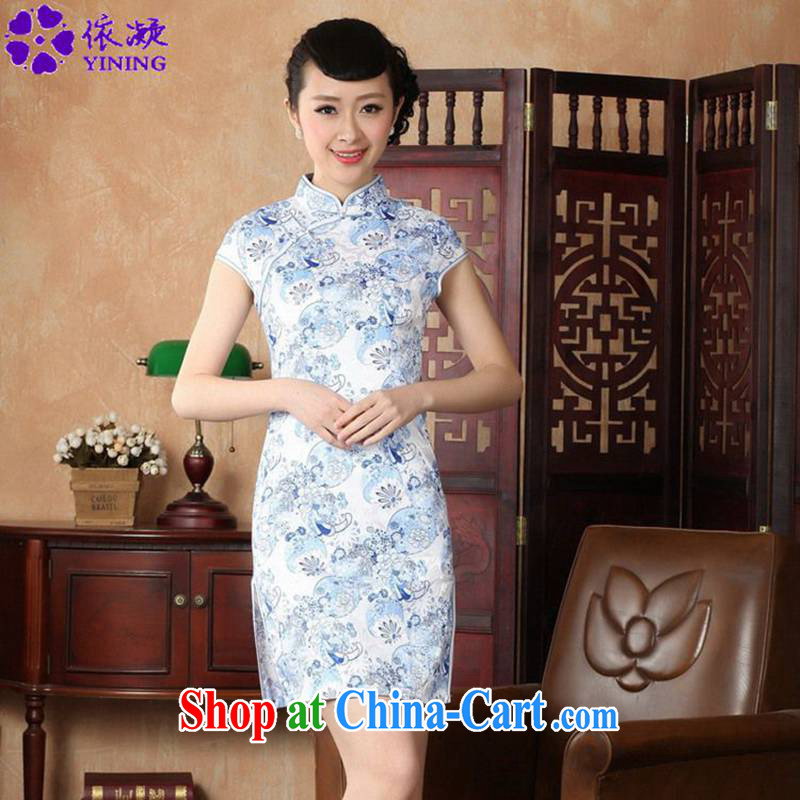 According to fuser summer stylish new ladies retro improved Chinese qipao, for a short-cut, cultivating Chinese cheongsam dress LGD_D 0229 _ -A Blue on white 2 XL