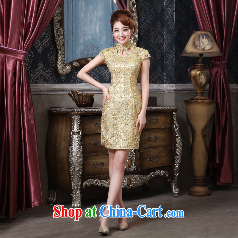 The china yarn 2015 new short dresses, gold lace, improved national wind late decorated in a bride's toast dress gold the size is not returned.