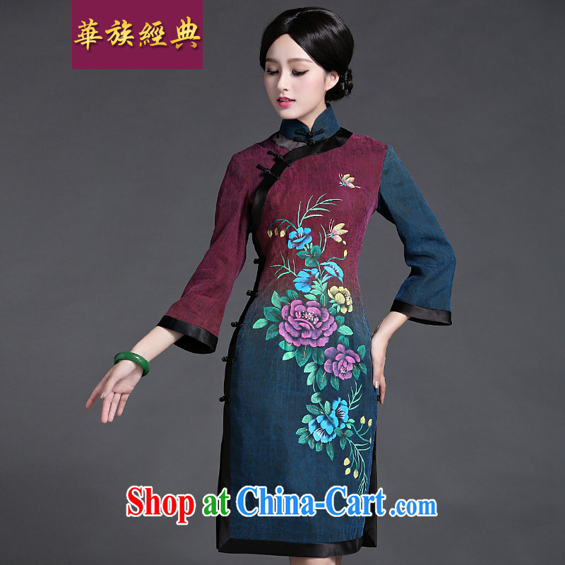 China classic original silk fragrant cloud yarn hand-painted daily qipao dresses retro improved stylish summer Ms. XXXL suit