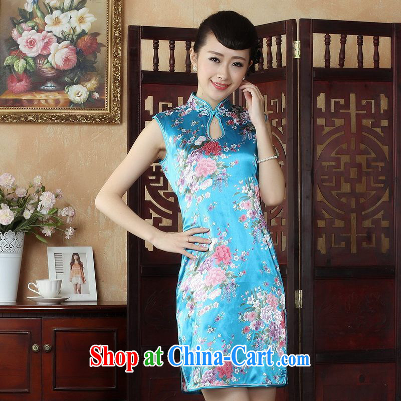 Floor floor is elegant and Ms. Tang cheongsam with improved summer dresses, for the hard-pressed stamp dress dresses J 5025 Lake blue XL, floor is floor, shopping on the Internet