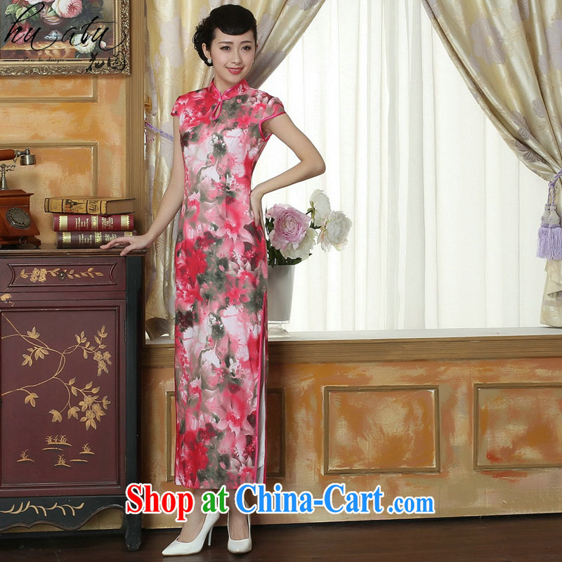spend the summer new cheongsam Chinese clothing improved, for Chinese women's clothing cheongsam banquet silk short-sleeved long robes as the color 2 XL, spend figure, and shopping on the Internet