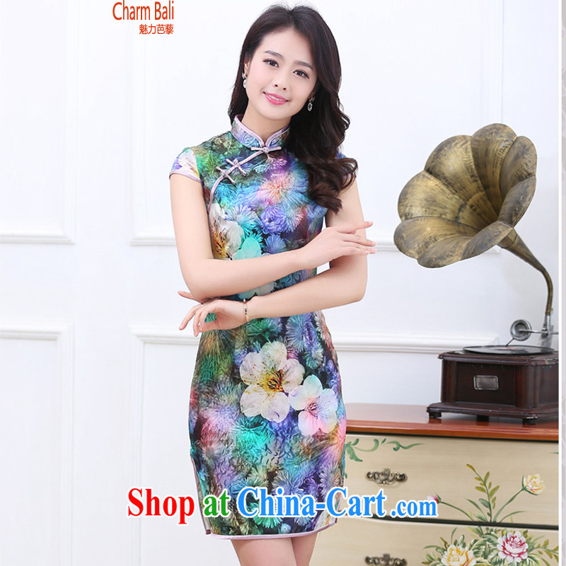 Summer 2015 decorated in stylish retro stamp silk short-sleeved qipao dresses 7 color XXL