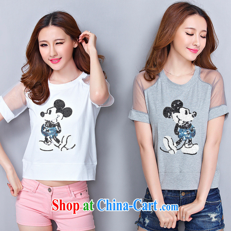 Ya-ting store the European site 2015 summer new female embroidery Web yarn stitching the code loose, short-sleeved T-shirt solid white T-shirt 2 XL, blue rain bow, and, shopping on the Internet