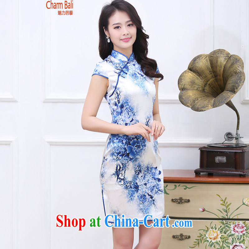 Summer 2015 decorated in stylish retro stamp silk short-sleeved cheongsam dress blue and white porcelain XXL