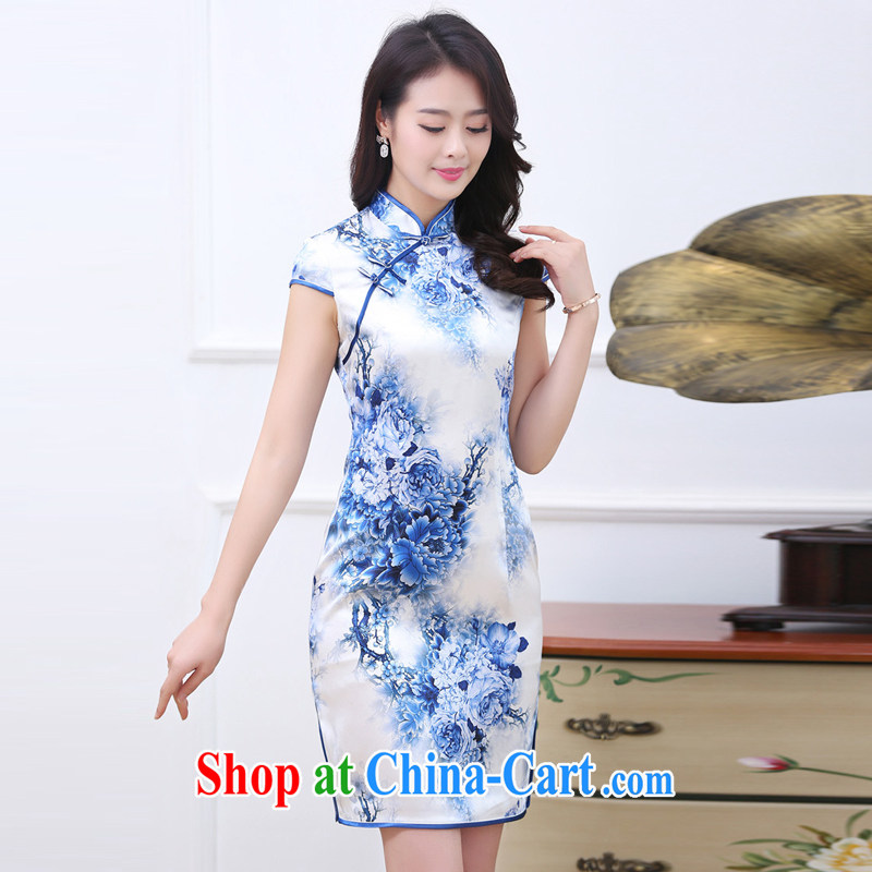 Summer 2015 decorated in stylish retro stamp silk short-sleeved cheongsam dress blue and white porcelain XXL charm, as well as Asia and (Charm Bali), online shopping