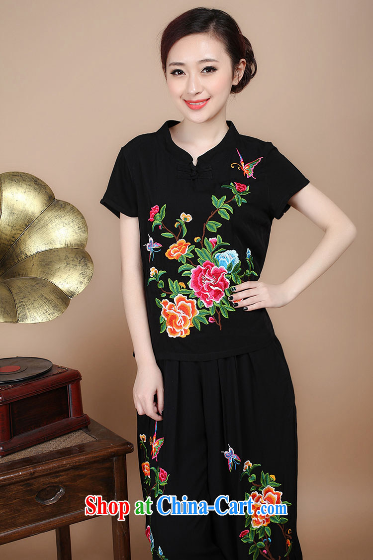 2015 summer new round-collar short-sleeve loose larger cotton embroidered Ethnic Wind Tang in older women with mother T-shirt pants Two Piece Set to sell black L pictures, price, brand platters! Elections are good character, the national distribution, so why buy now enjoy more preferential! Health