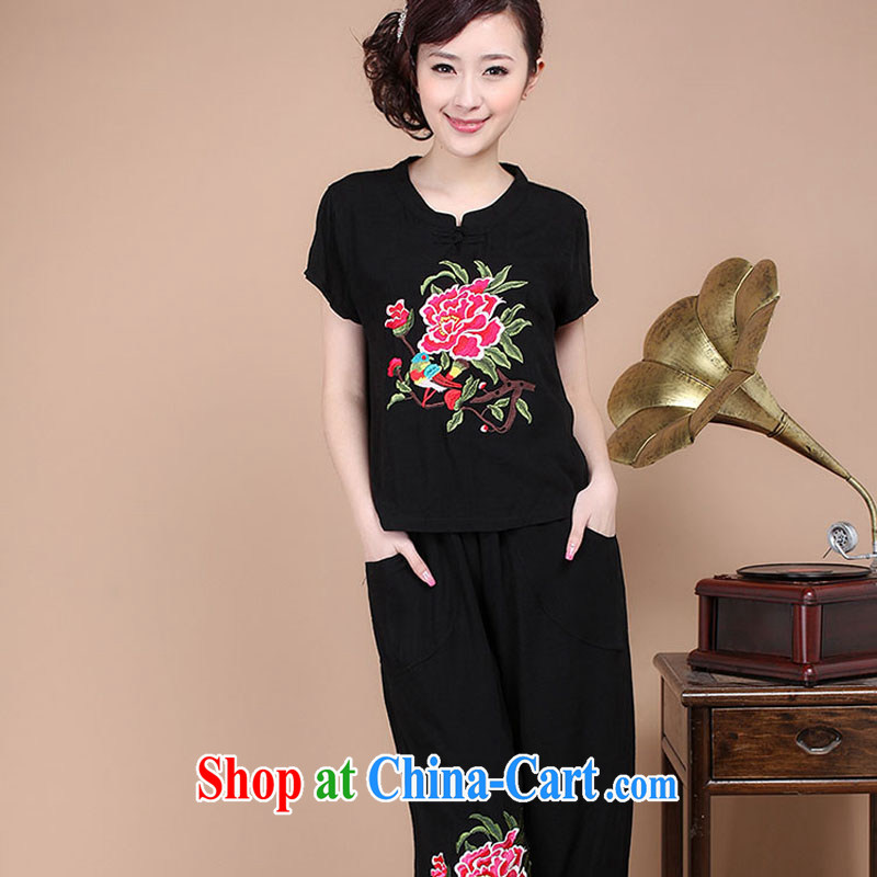 2015 summer new loose the Code, older women cotton embroidered Chinese T-shirt pants two-piece to sell Black Kit XXXL, maple and Ling (fengzhiling), shopping on the Internet