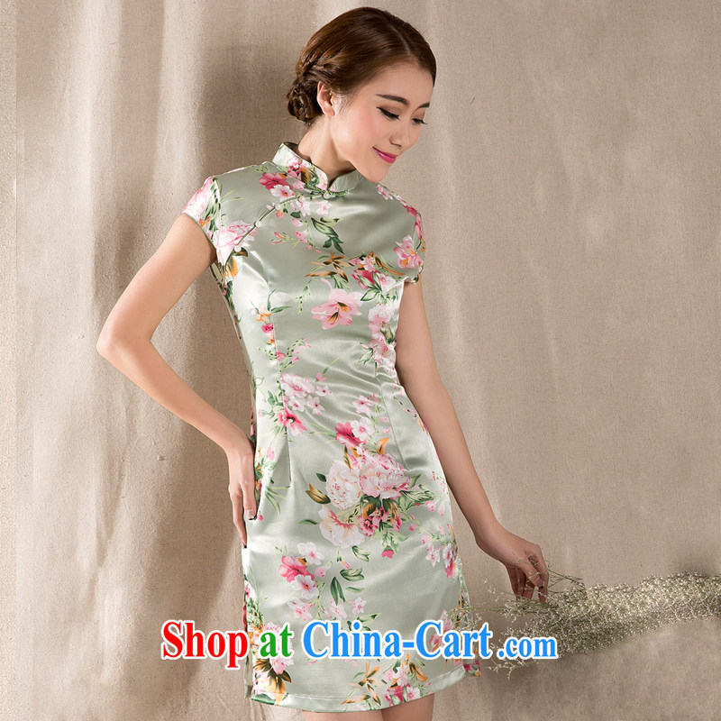 The United States high-wire 2015 summer New-snap stamp arts ethnic wind improved retro cheongsam dress China wind light green XL