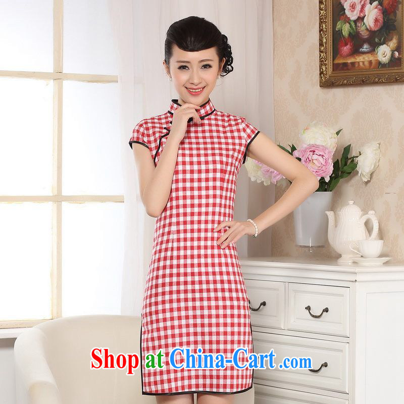 Floor is still building the cotton retro checked short-sleeved qipao improved daily republic of linen clothes summer dresses skirts D 0247 2 XL