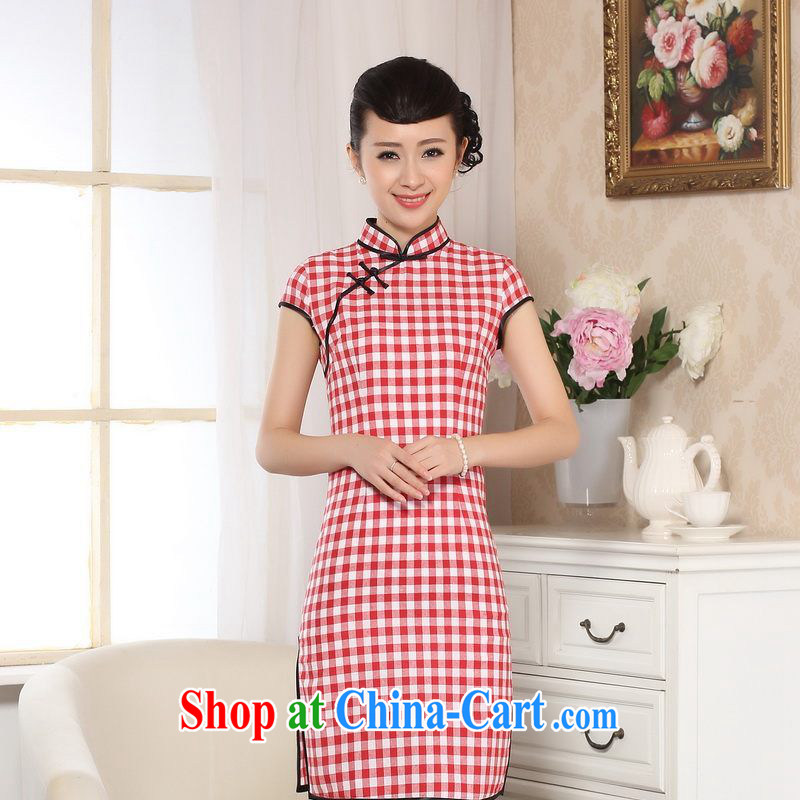 Floor is still building the cotton retro plaid short-sleeved qipao improved daily republic of linen clothes summer dresses skirts D 0247 2 XL, floor is still building, shopping on the Internet