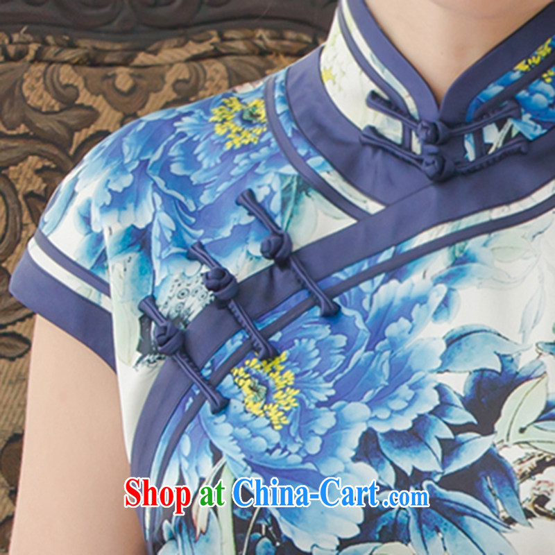 once and for all the proverbial hero's spirit improved long, blue and white porcelain Silk Cheongsam dress Spring Summer 2015 new Korea cheongsam dress blue 2 XL, fatally jealous once and for all, and online shopping