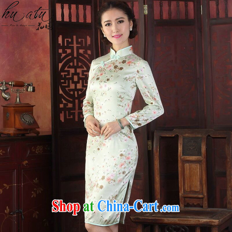 Take the cheongsam dress Chinese Chinese improved, LED light sauna in Silk Cheongsam cuff antique silk long-sleeved robes the green flower 2XL, spend figure, shopping on the Internet
