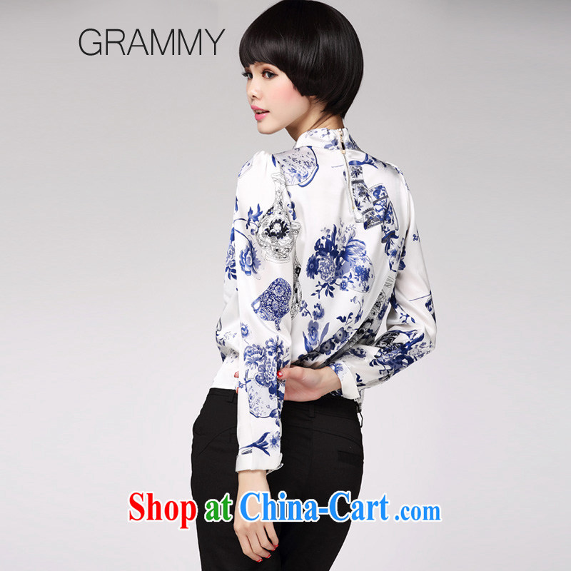 Grammy GRAMMY 2015 new in summer Women's clothes, collar silk tea working retro improved cultivating Chinese shirt G 1240 blue and white porcelain XL, GRAMMY, shopping on the Internet