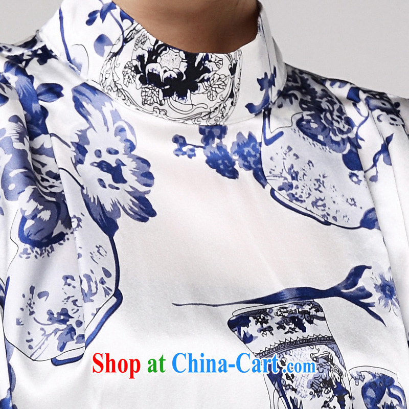 Grammy GRAMMY 2015 new in summer Women's clothes, collar silk tea working retro improved cultivating Chinese shirt G 1240 blue and white porcelain XL, GRAMMY, shopping on the Internet