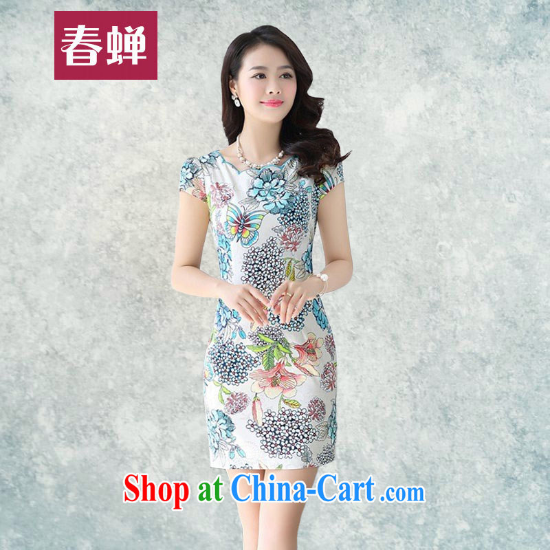 Spring cicada women summer 2015 new retro cultivating short-sleeved dresses Korean style package and blue floral cheongsam dress royal blue XXL, cicada, shopping on the Internet