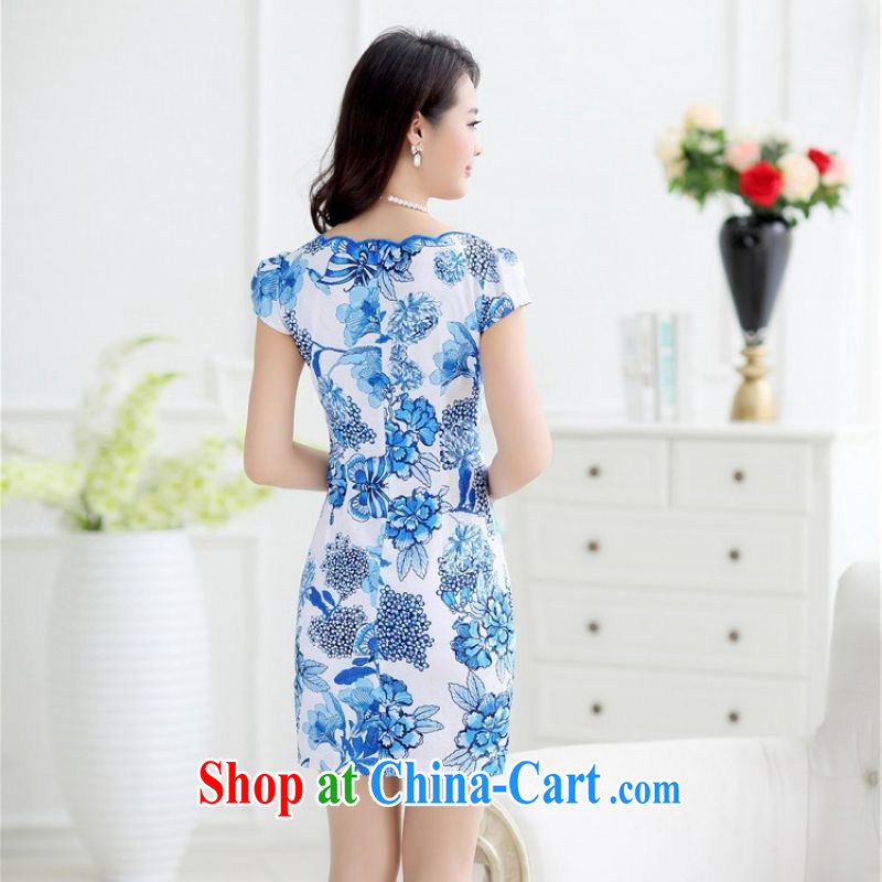 Spring cicada women summer 2015 new retro cultivating short-sleeved dresses Korean style package and blue floral cheongsam dress royal blue XXL, cicada, shopping on the Internet