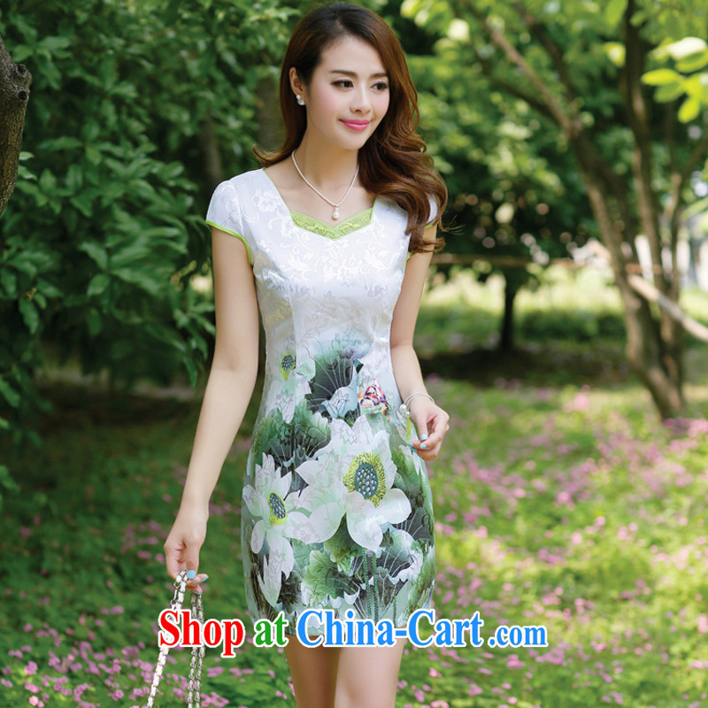 The European site dresses 2015 new summer women cheongsam dress short-sleeved beauty stamp National wind package and skirt 8896 Green lotus L