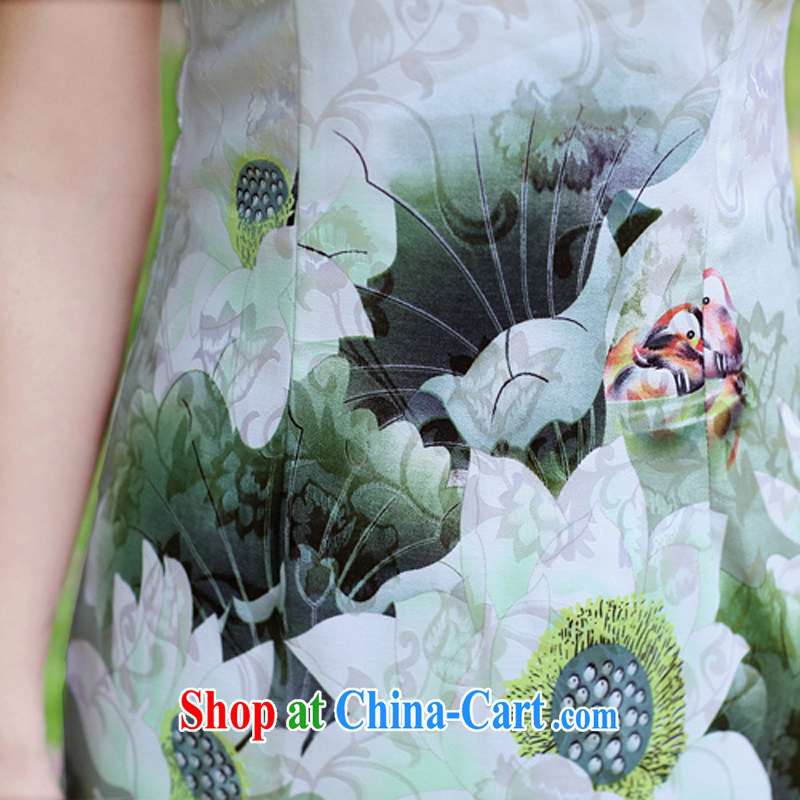 The European site dresses 2015 new summer women cheongsam dress short-sleeved beauty stamp National wind package and skirt 8896 Green lotus L, rain poems, shopping on the Internet