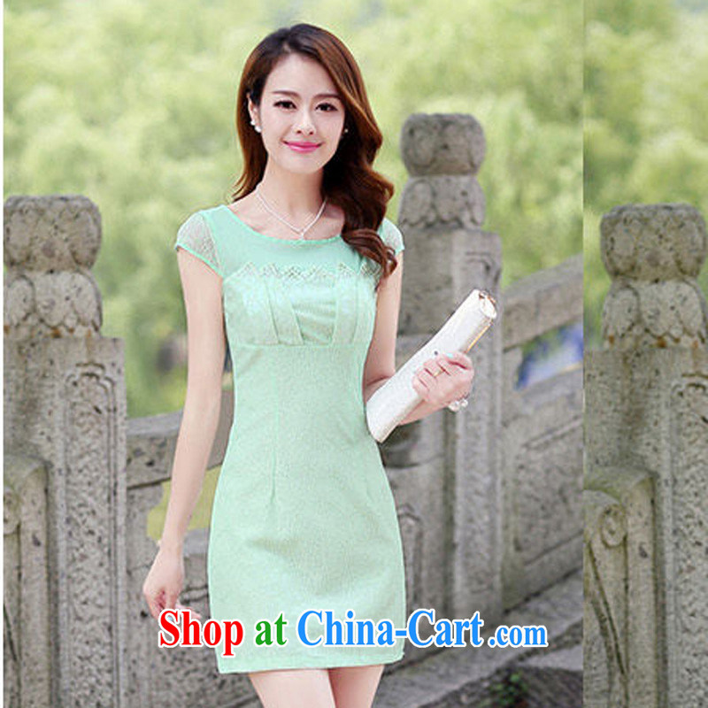 2015 new, decorated in summer, the waist short-sleeved dress elegant lace cheongsam package and 8877 Green Green XXL