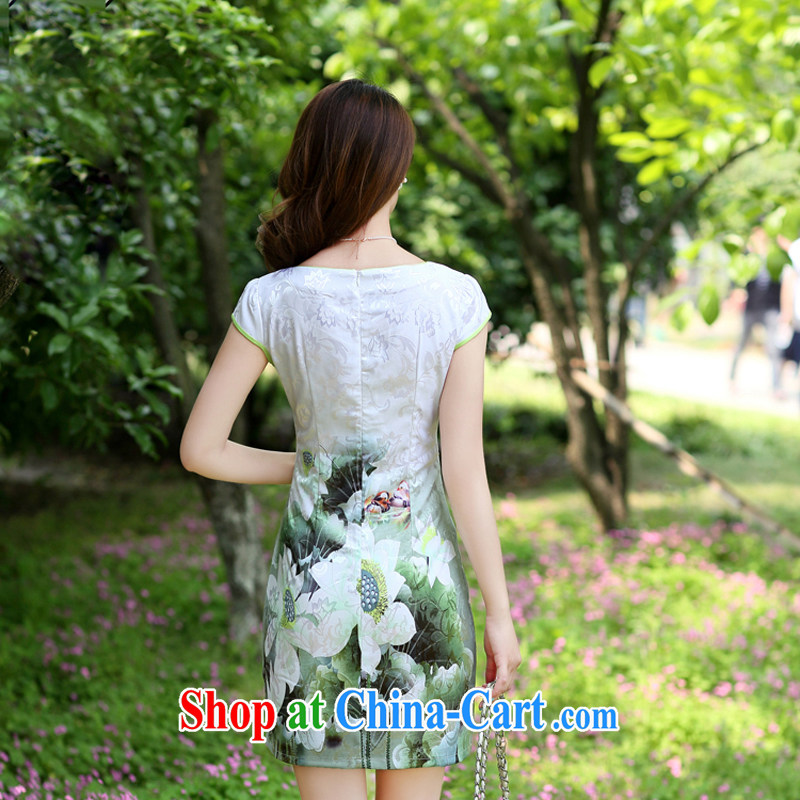 The European site dresses 2015 new summer women cheongsam dress short-sleeved beauty stamp National wind package and skirt 8896 Green lotus XL, Xin Wei, and shopping on the Internet