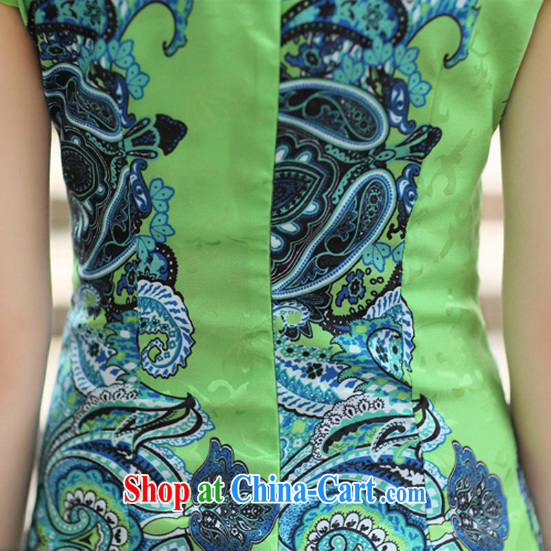 The beautiful valley 2015 female new Ethnic Wind Chinese short-sleeved Chinese Embroidery ink retro beauty graphics thin cheongsam dress yellow L, Cayman, Lai Valley, shopping on the Internet