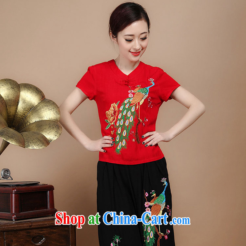 2015 summer decor, cotton embroidery Tang replace V collar short-sleeve T-shirt pants two piece set to sell red L charm, as well as Asia and (Charm Bali), online shopping