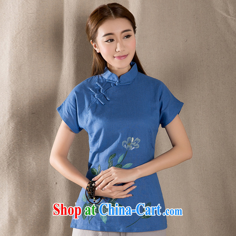 Mr Ronald ARCULLI, short Chinese qipao T-shirt retro, cotton for the girl with a short-sleeved improved Chinese female sung lim bird 2015 delivery package mail blue M Sheng Lin, birds, and shopping on the Internet
