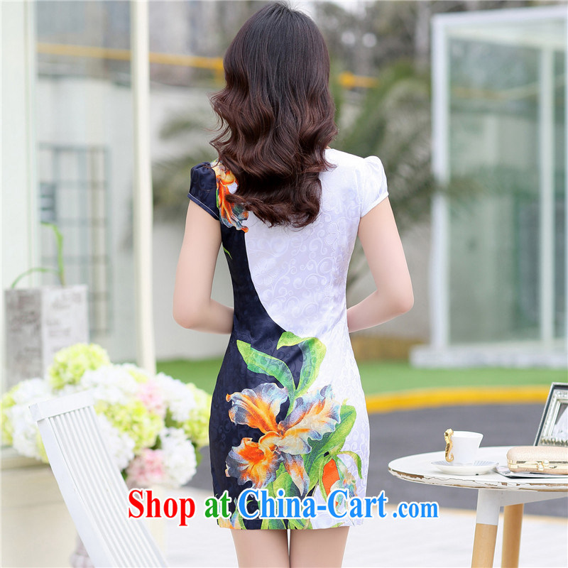 Floating love Princess cheongsam dress 2015 spring and summer new graphics thin girls improved package and a short-sleeved-waist blue retro dress 1517 black XL, floating love Princess (piaoaifei), online shopping
