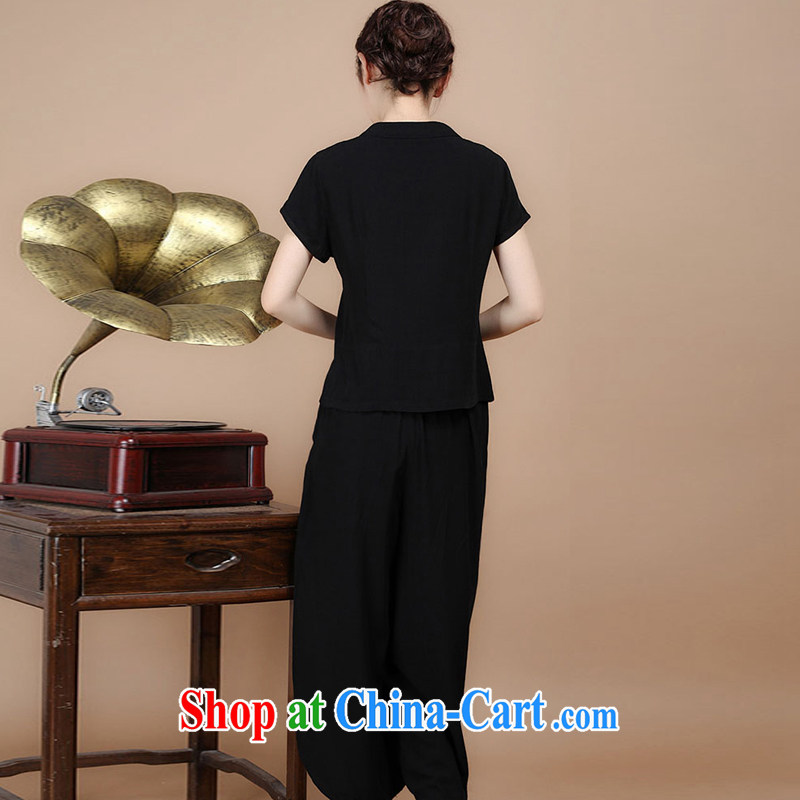 2015 summer decor, cotton embroidery Tang replace V collar short-sleeve T-shirt pants two piece set to sell black L charm, as well as Asia and (Charm Bali), online shopping